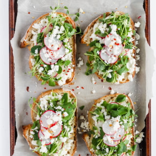 Spring Toast with Radishes, Pea Shoots and Feta | cookinginmygenes.com