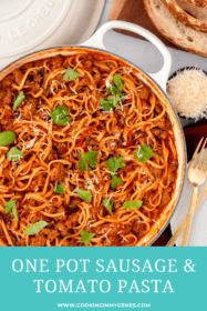 overhead shot of one pot spicy sausage pasta