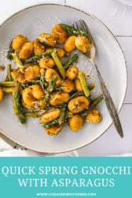 close up of Spring gnocchi with asparagus in a bowl