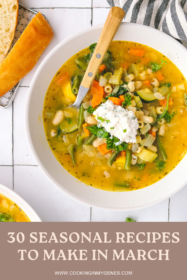 Spring minestrone soup with herb ricotta in a bowl