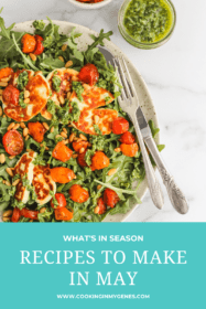 arugula topped with pesto, halloumi, tomatoes