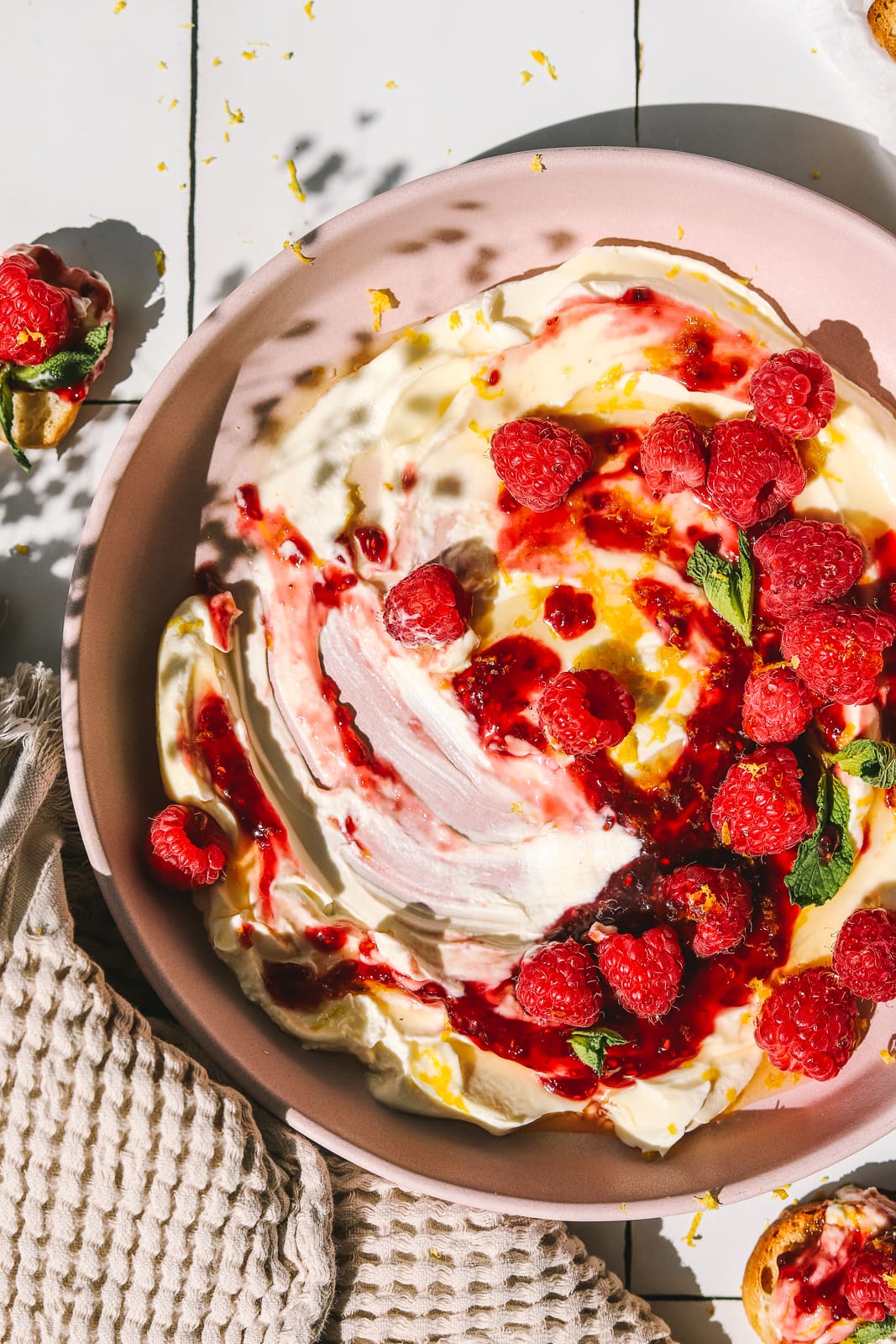 raspberries & lemon on top of cream cheese dip