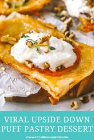 upside down apricot puff pastry tart topped with whipped cream, walnuts and thyme