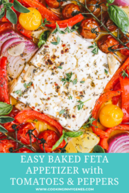 baked feta in a pan with summer vegetables