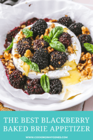 side angle of blackberry baked brie with walnuts