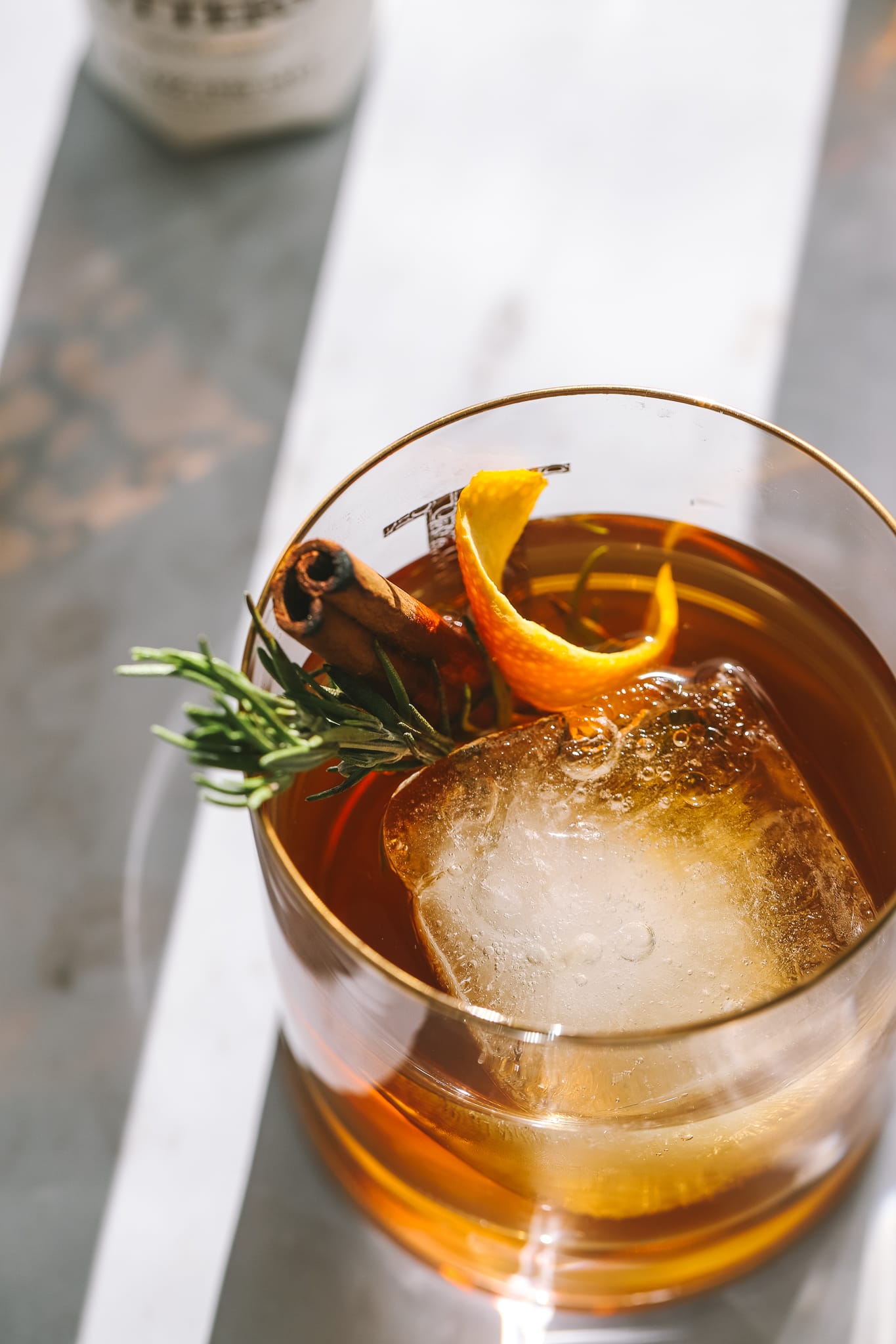 overhead view of black walnut bitters cocktail recipe