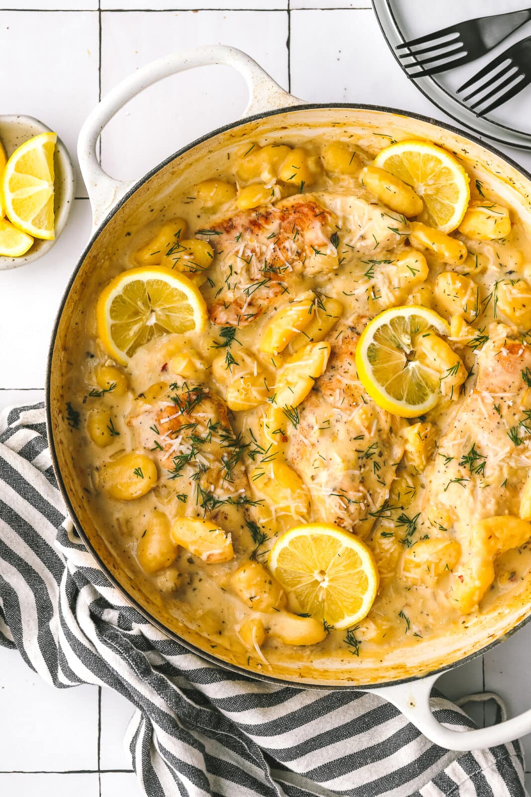 chicken, gnocchi and lemon in a large skillet