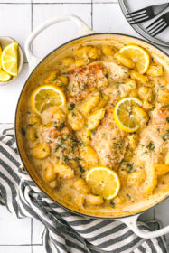 chicken, gnocchi and lemon in a large skillet