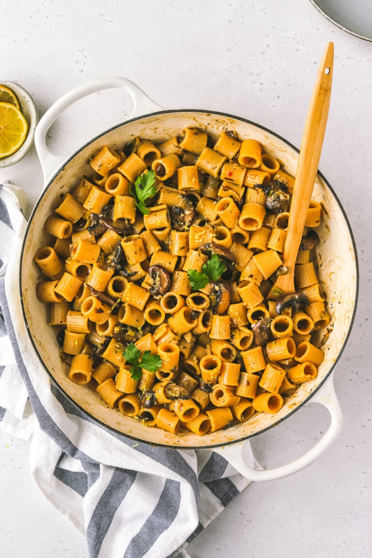 overhead shot of mushroom leek pasta in a large pot