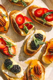 close-up of berry brie crostini