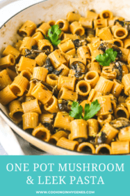 angled shot of mushroom leek pasta in a pot