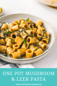 angled shot of mushroom leek pasta in a bowl