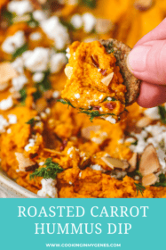 carrot hummus spread in a low bowl with toppings