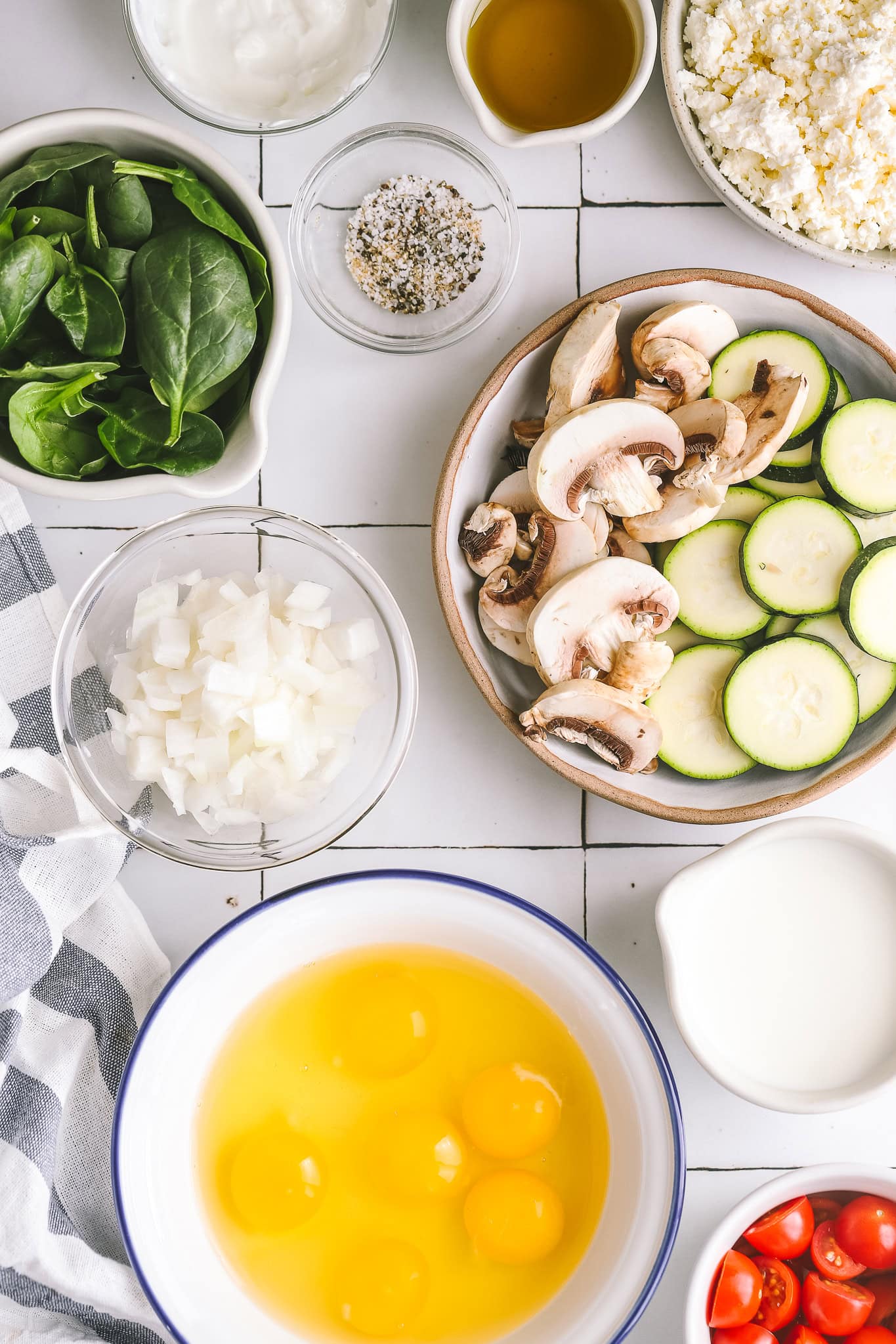ingredients for quiche in bowls
