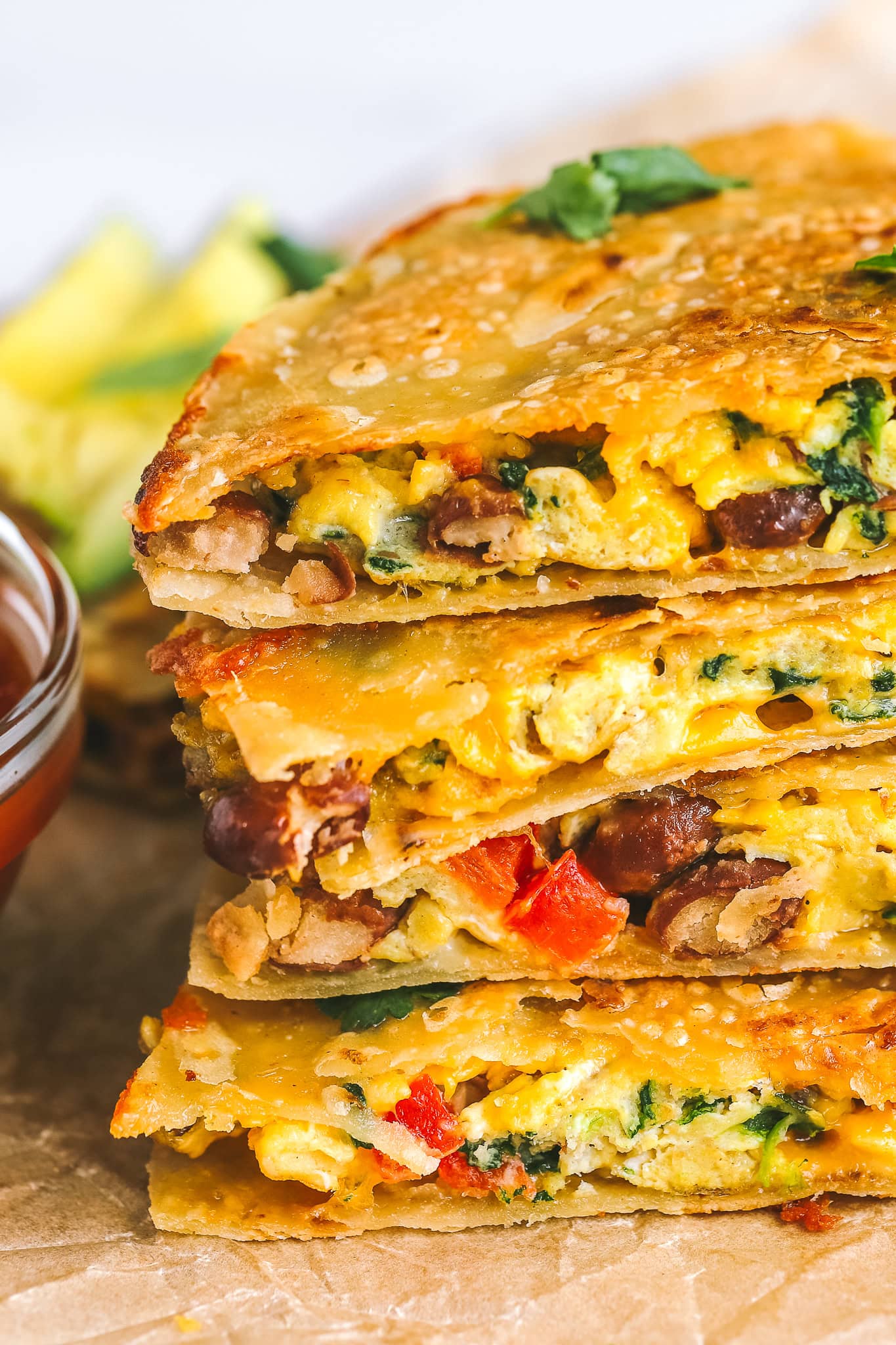 close up shot of pinto bean egg quesadillas