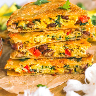stack of egg quesadillas with pinto beans