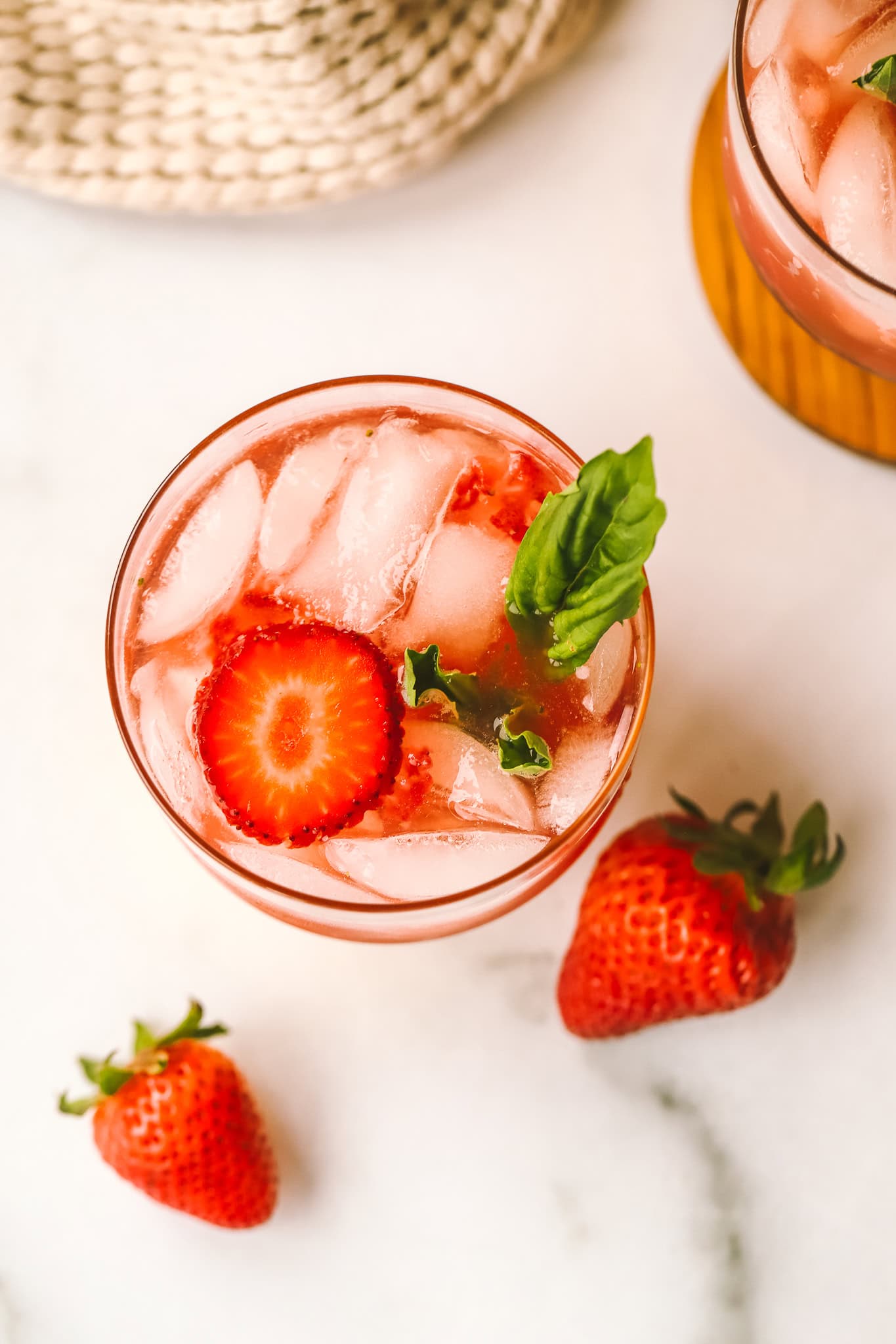 overhead shot of strawberry bourbon cocktail