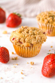 angled shot of strawberry rhubarb muffin