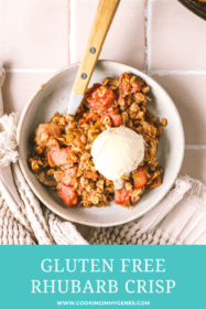 overhead shot rhubarb crisp in a bowl with ice cream
