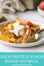 angled shot of peach baked oatmeal on a fork