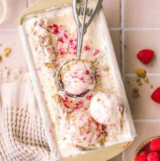 scoops of raspberry ice cream in a loaf pan