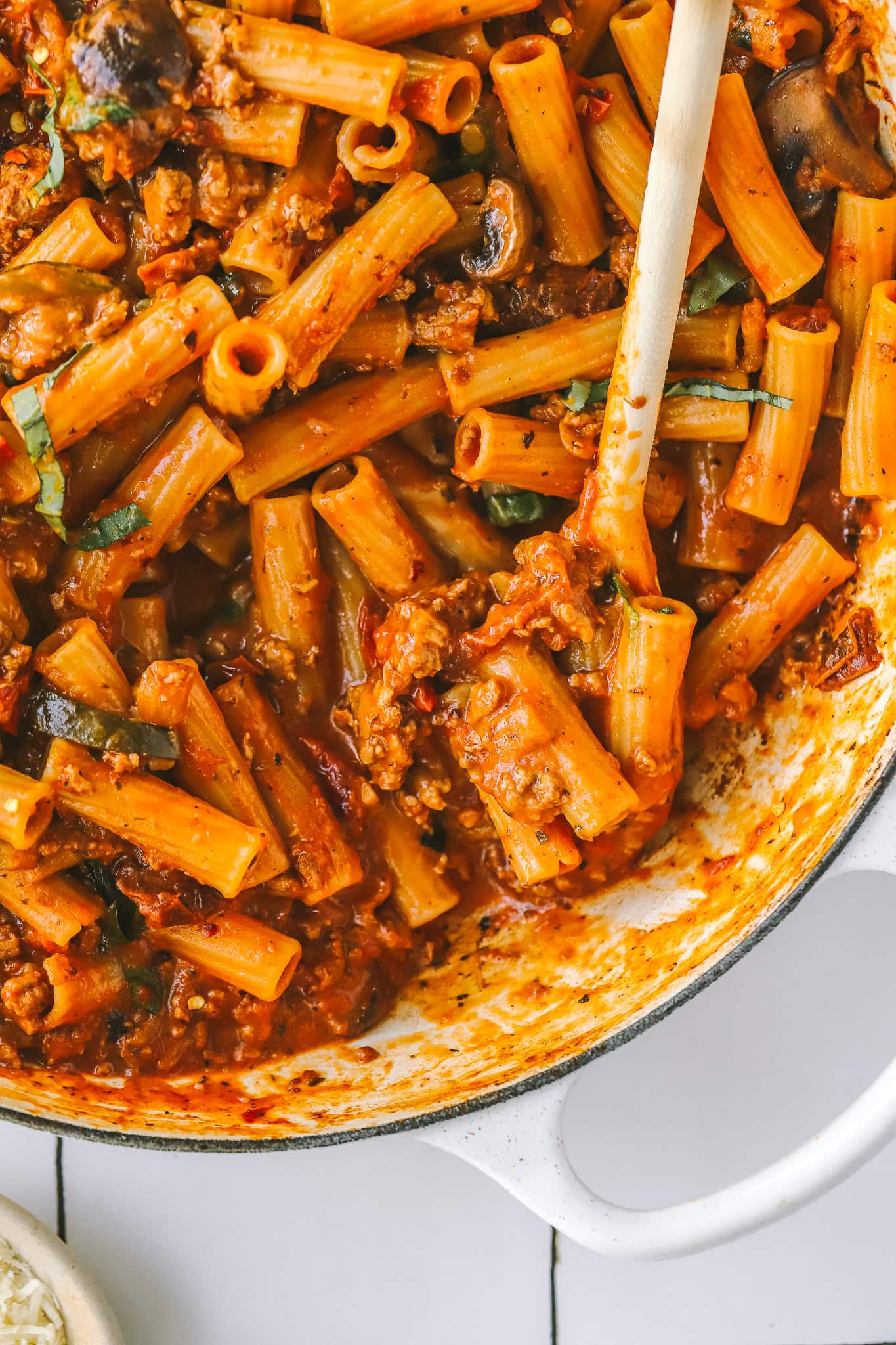 close up of turkey pasta in a pot