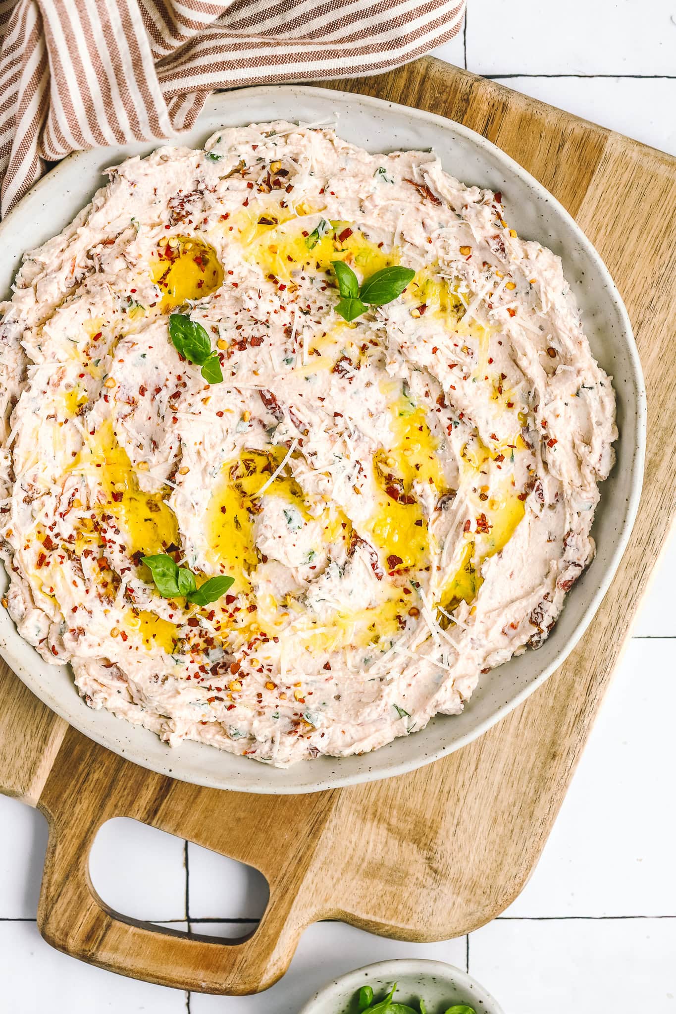 sundried tomato dip in a serving bowl
