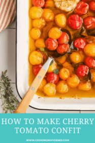 spoon in a baking dish of tomatoes and oil