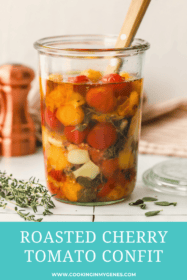 straight on shot of confit cherry tomatoes in a glass jar