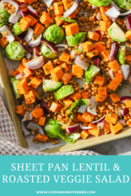 mixed vegetables and lentils on a sheet pan