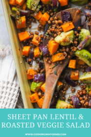 serving spoon on sheet pan salad