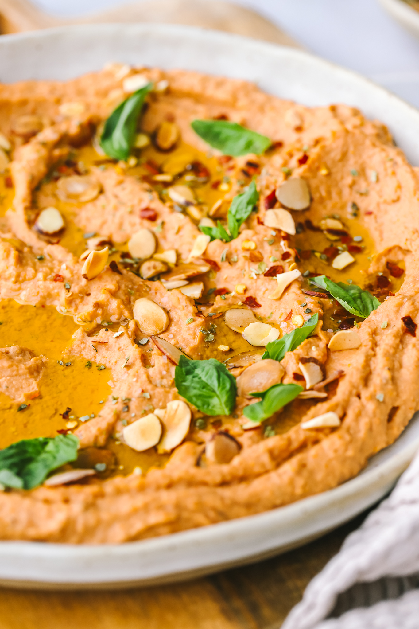 angled shot of white bean hummus