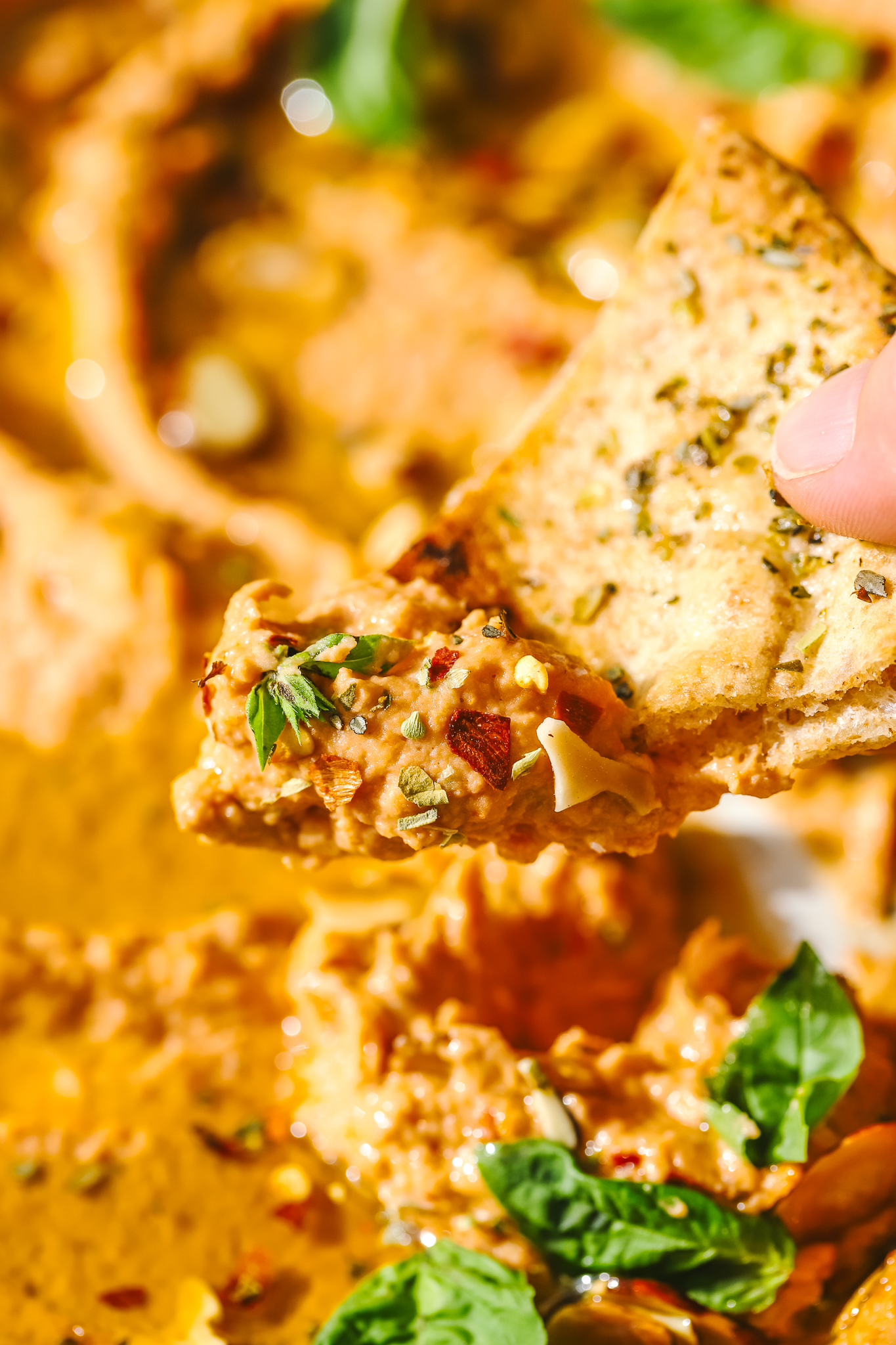 pita chip with hummus on it