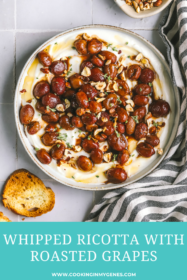 overhead of whipped ricotta with roasted grapes and crostini