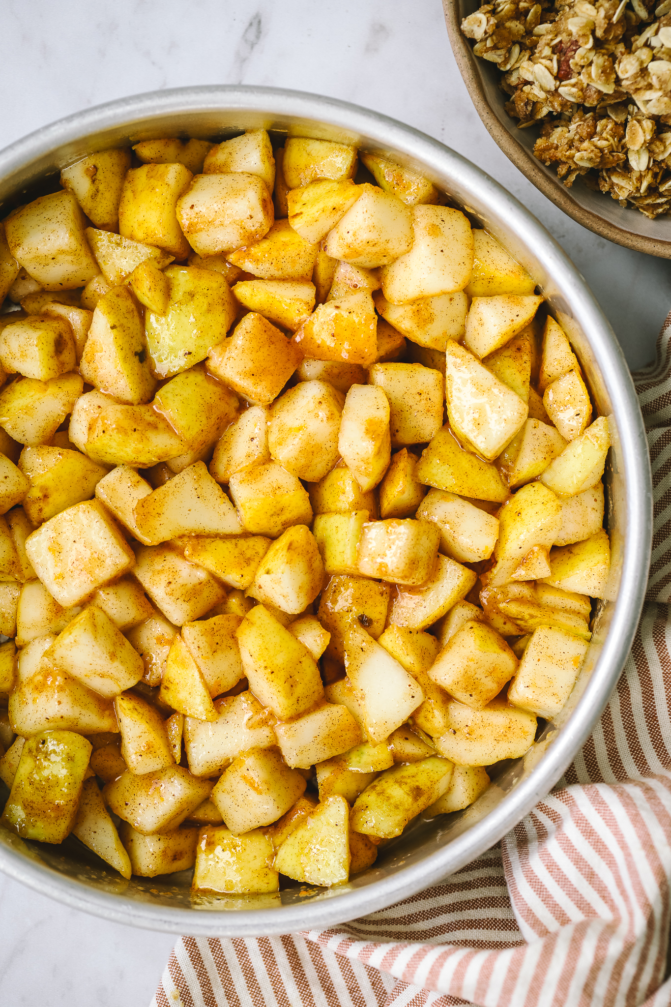 chopped pears in a baking dish