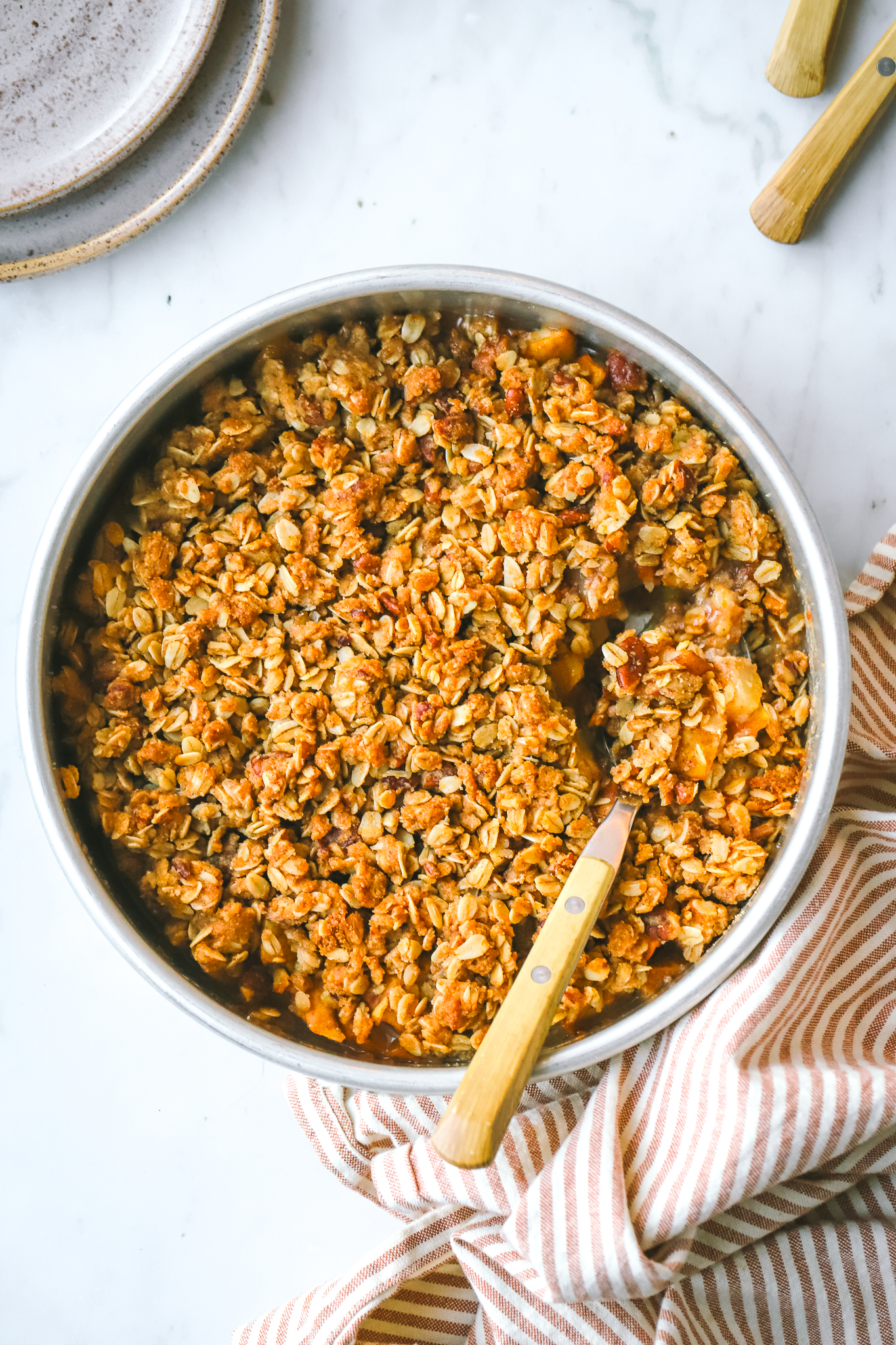 gluten free pear crisp in a baking dish