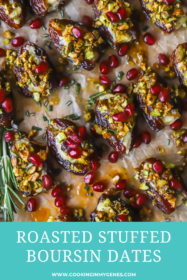 serving tray of stuffed boursin dates with pomegranate seeds and pistachios