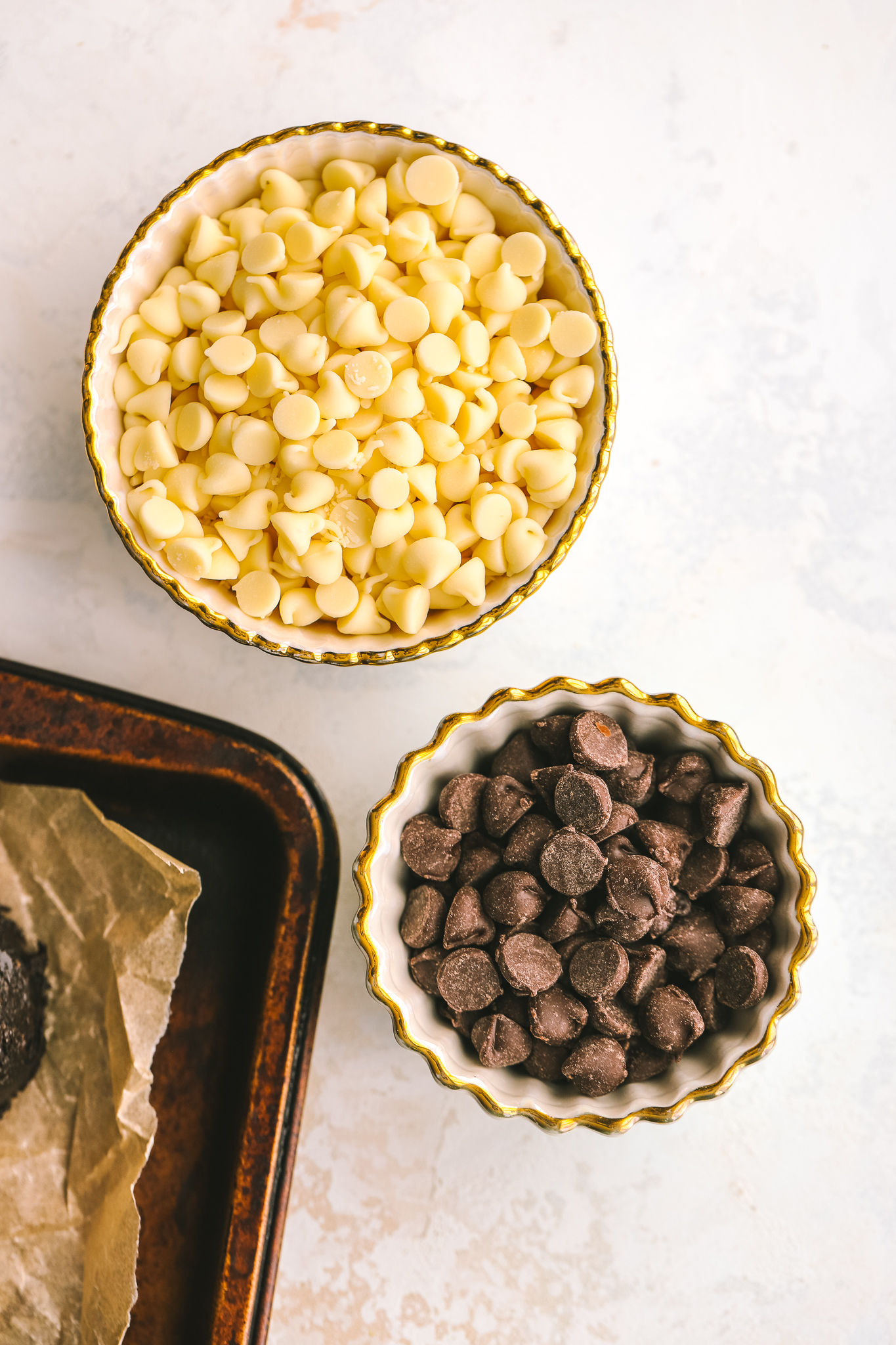 chocolate chips in bowls