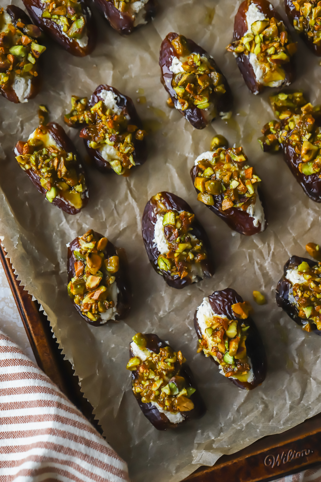 dates with boursin and pistachio topping