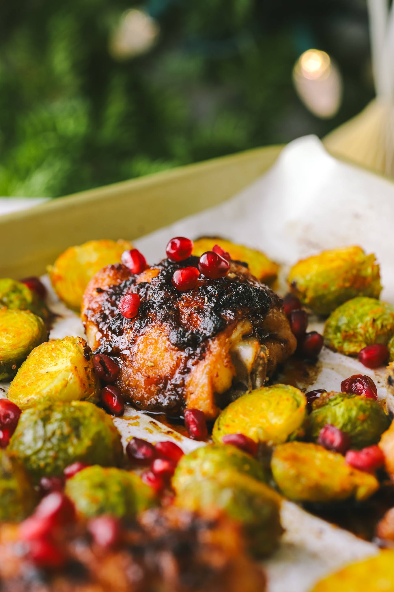 angled shot of pomegranate chicken