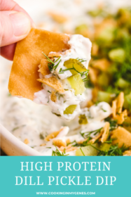 pita chip dipped into high protein dill pickle dip