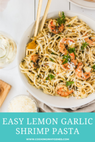 overhead of pasta with shrimp in a bowl