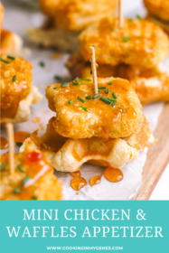 mini chicken & waffles appetizer with hot honey on a serving board