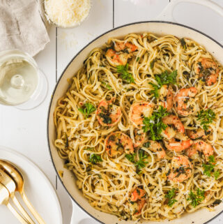 lemon garlic shrimp pasta in a large skillet