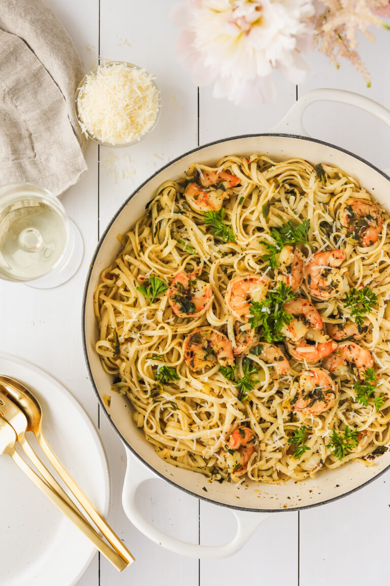 lemon garlic shrimp pasta in a large skillet