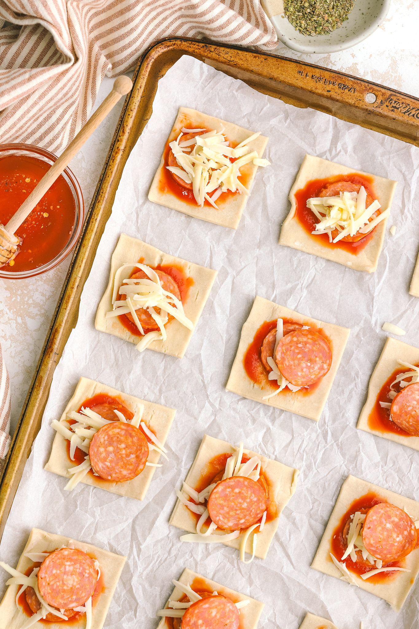 puff pastry layered with sauce, cheese and slices of pepperoni