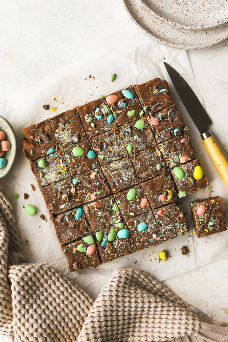 mini egg fudge cut into squares