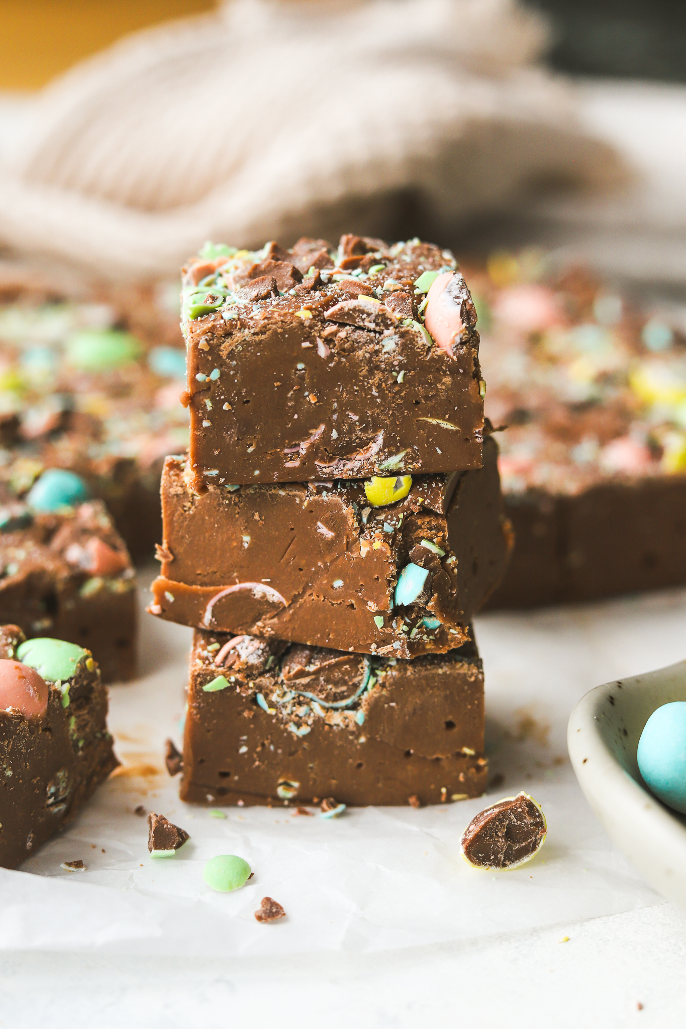 stack of mini egg fudge