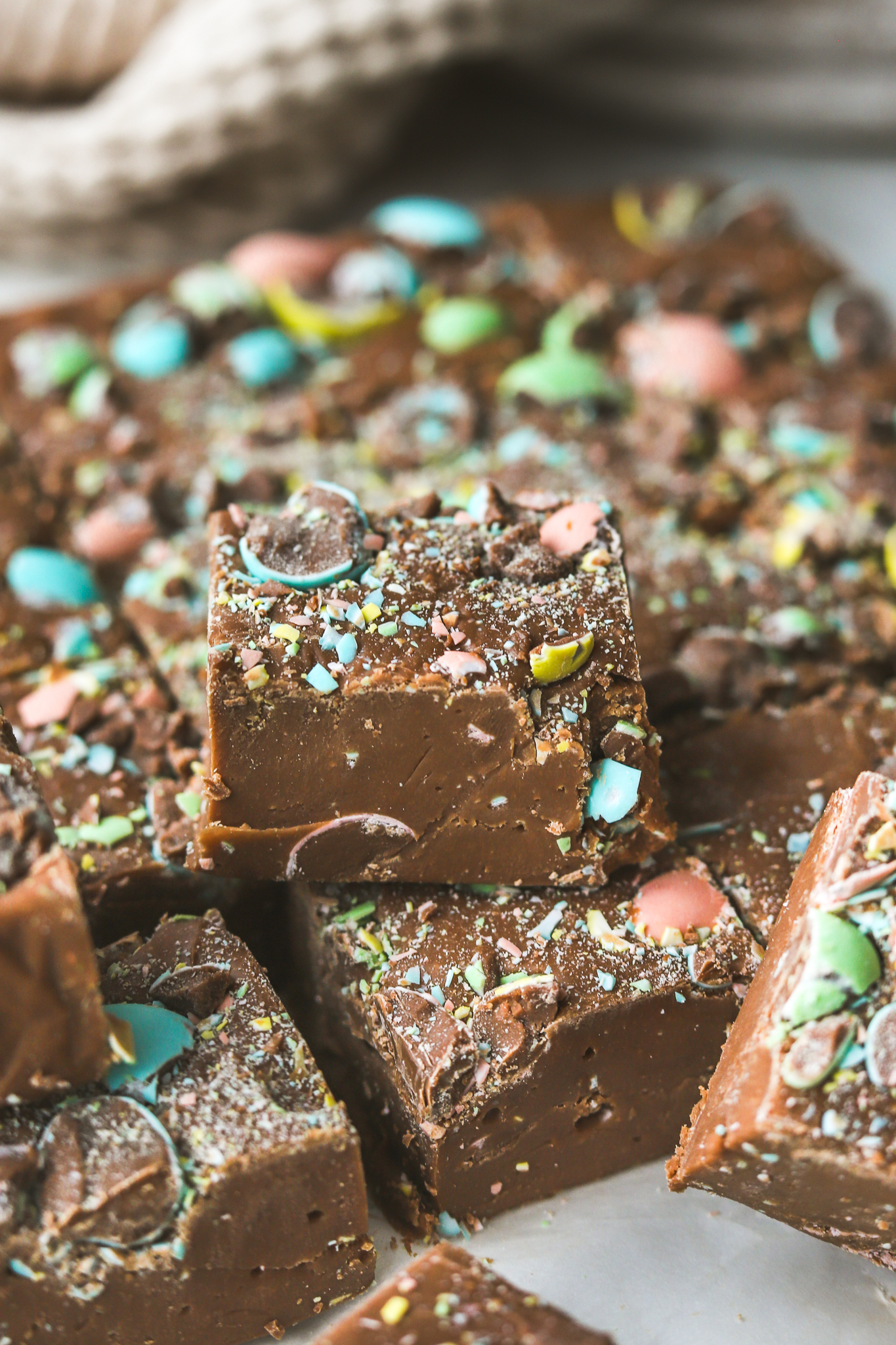piece of chocolate fudge with mini eggs