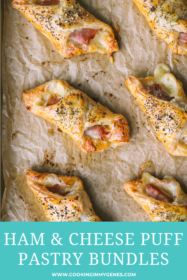 baking sheet with 6 baked puff pastry bundles